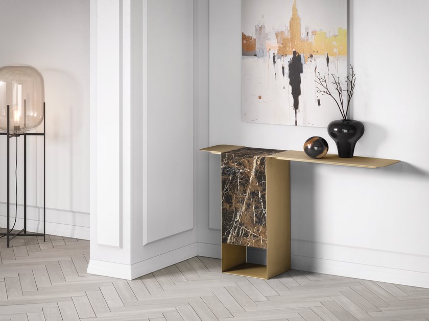 伊設(shè)計(jì)主玄關(guān)桌 薄銅板桌面 大理石基石柱 不銹鋼金色黃銅 電鍍家具定制 天秤桌