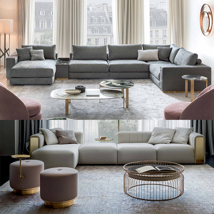 意大利RUGIANO L型帶貴妃多人組合沙發(fā) 不銹鋼五金實(shí)木大理石 布藝皮質(zhì)真皮三人四人多人沙發(fā)定制