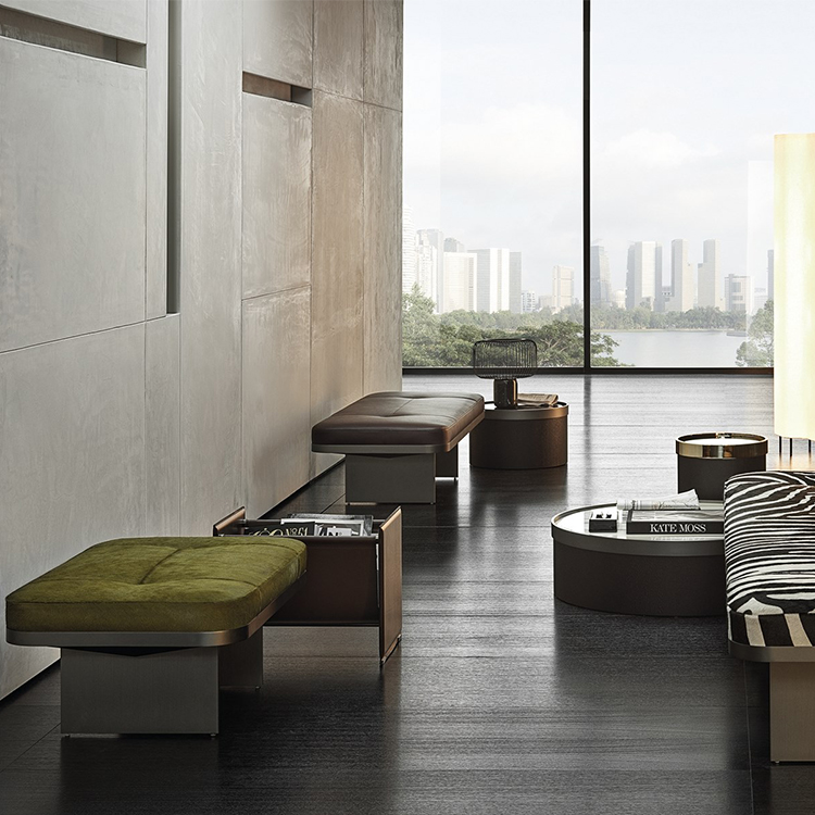 意大利Minotti  Rodolfo Dordoni克萊夫板凳 長椅不銹鋼實木布藝沙發(fā)椅凳