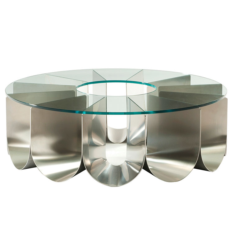 IRIDE 不銹鋼電鍍分格圓形弧 香檳金色 鋼化玻璃 大理石 實木餐桌 茶幾圓桌 室內(nèi)外家具